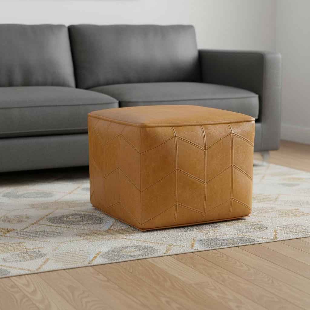 18" Brown Leather Pouf Ottoman