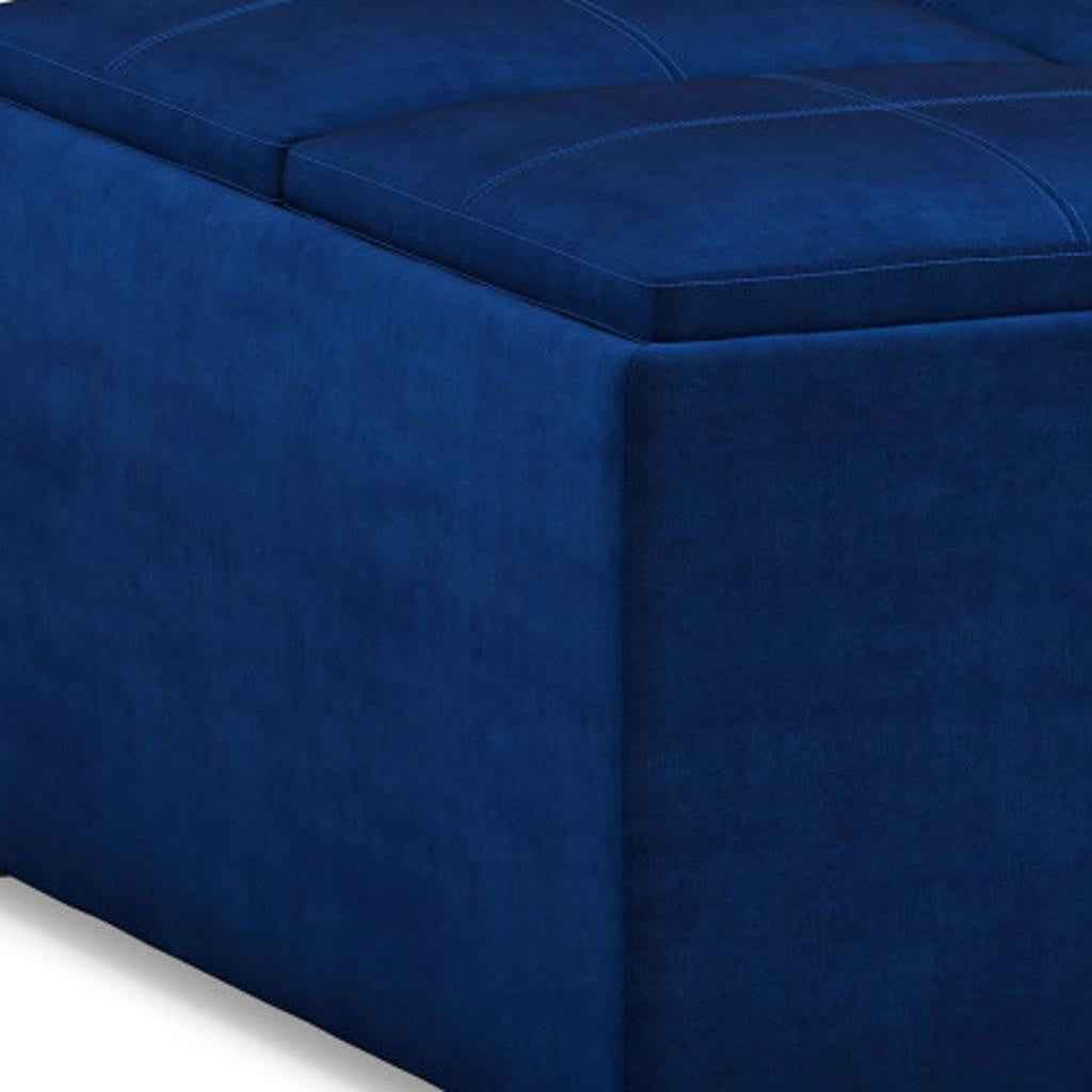 35" Blue and Black Velvet Cocktail Ottoman With Storage