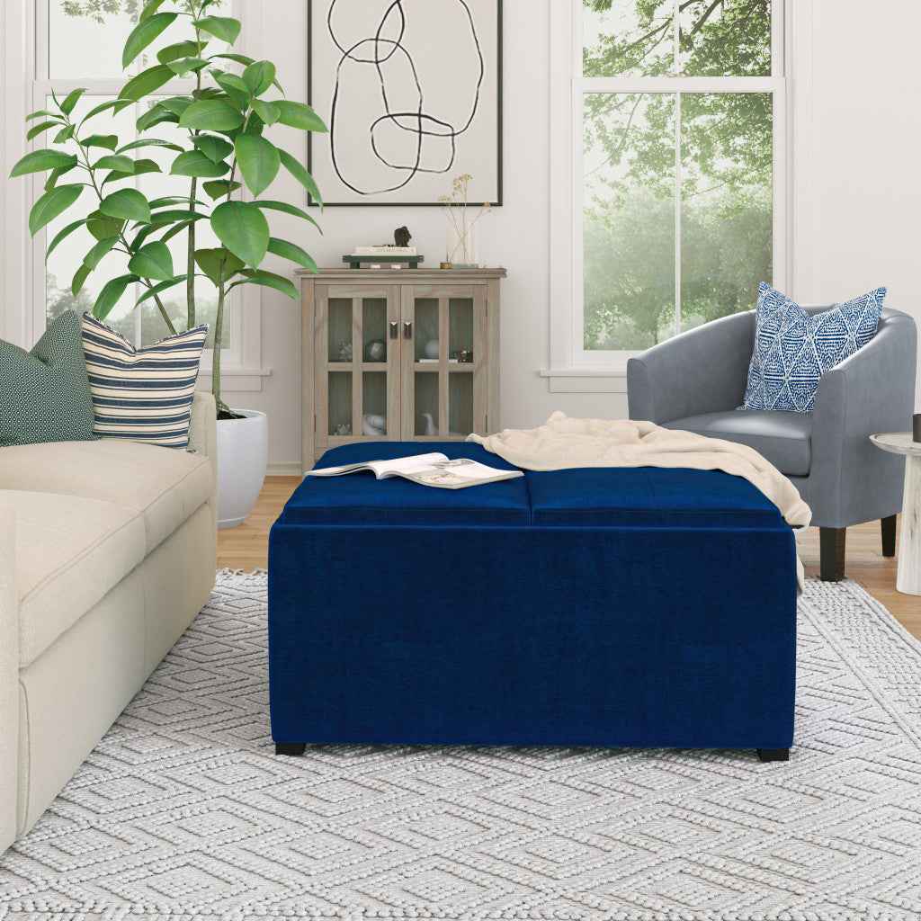35" Blue and Black Velvet Cocktail Ottoman With Storage