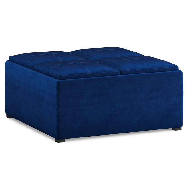 35" Blue and Black Velvet Cocktail Ottoman With Storage