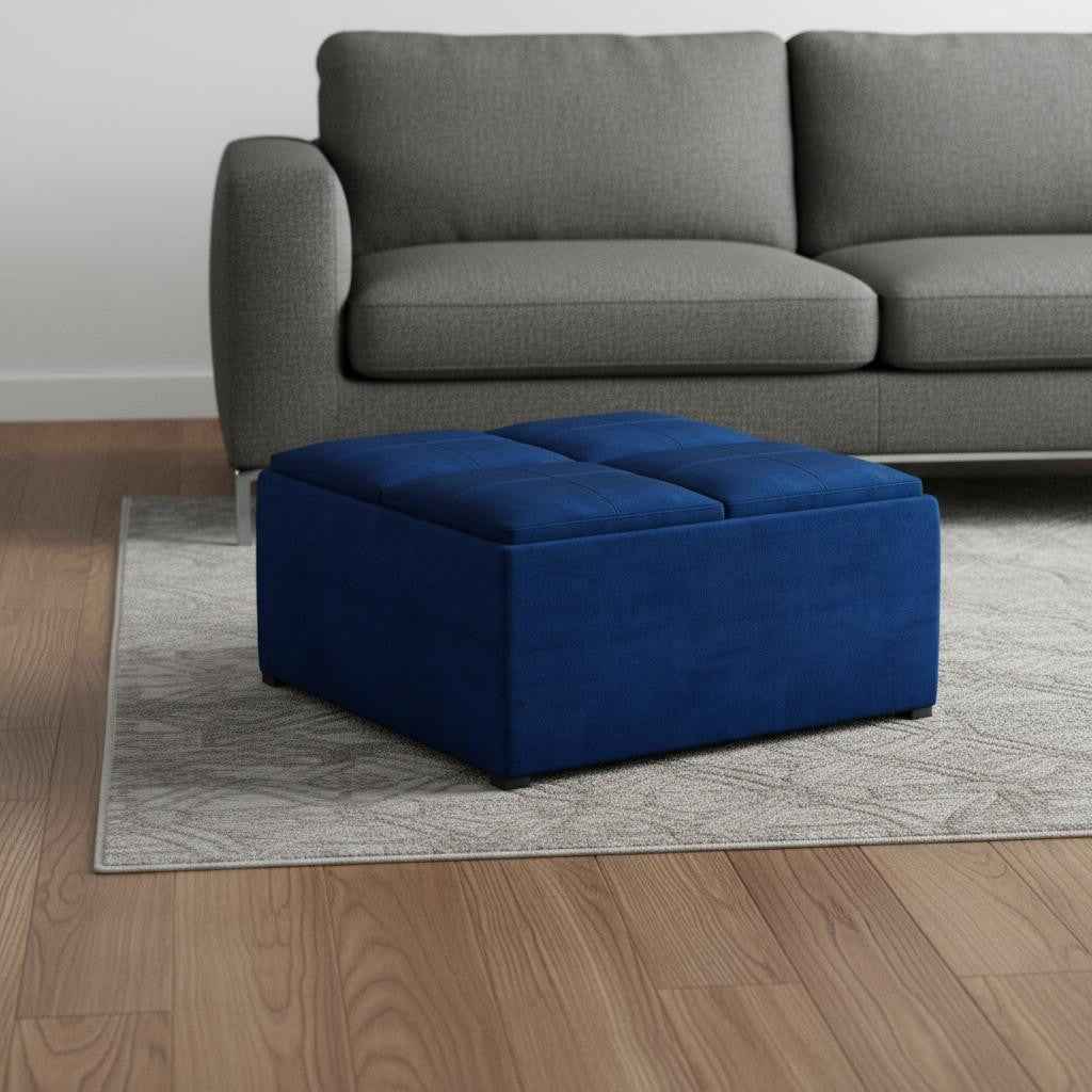 35" Blue and Black Velvet Cocktail Ottoman With Storage