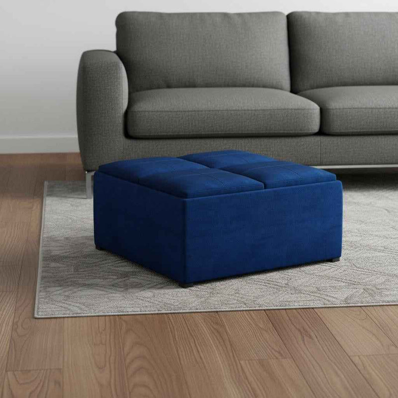 35" Blue and Black Velvet Cocktail Ottoman With Storage