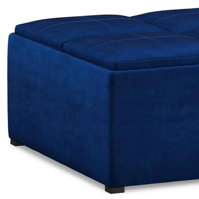 35" Blue and Black Velvet Cocktail Ottoman With Storage