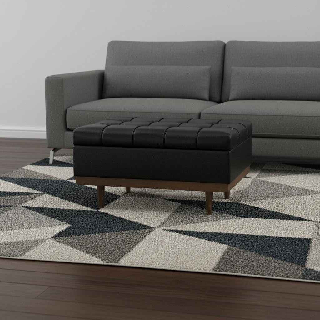 34" Walnut and Black Upholstery Storage Ottoman