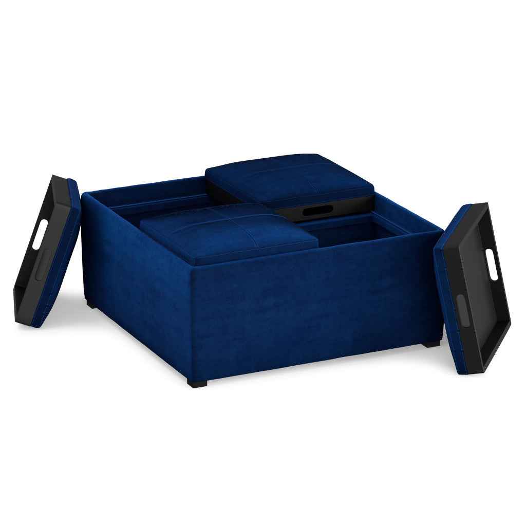 35" Blue and Black Velvet Cocktail Ottoman With Storage