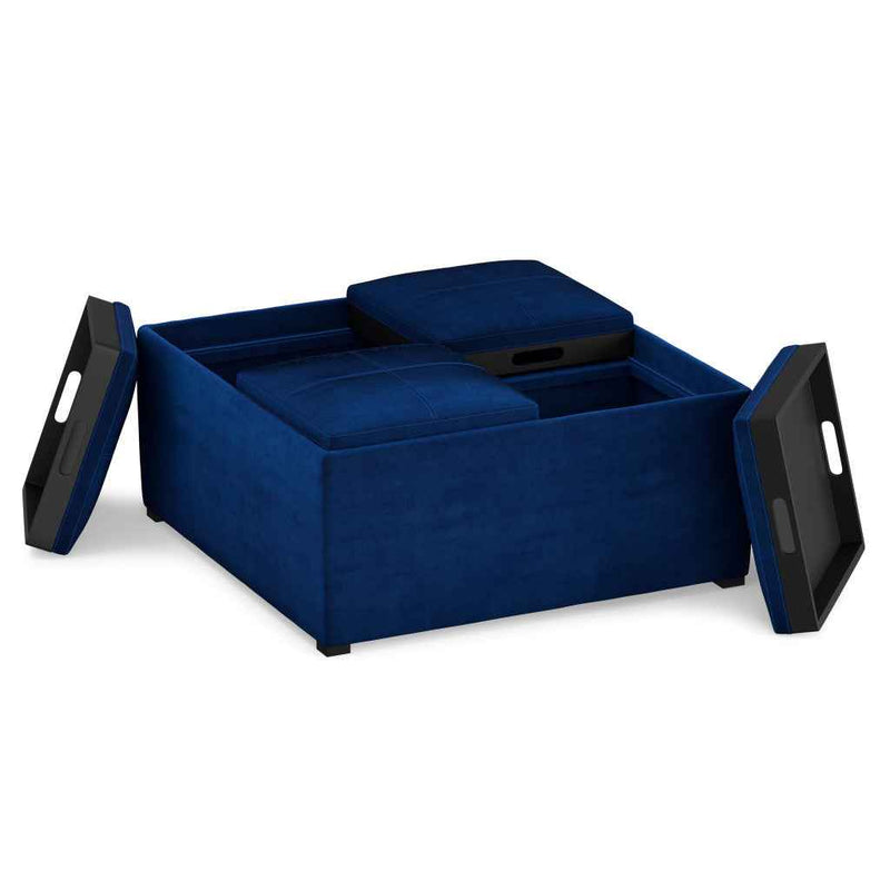 35" Blue and Black Velvet Cocktail Ottoman With Storage