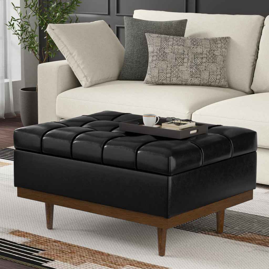 34" Walnut and Black Upholstery Storage Ottoman