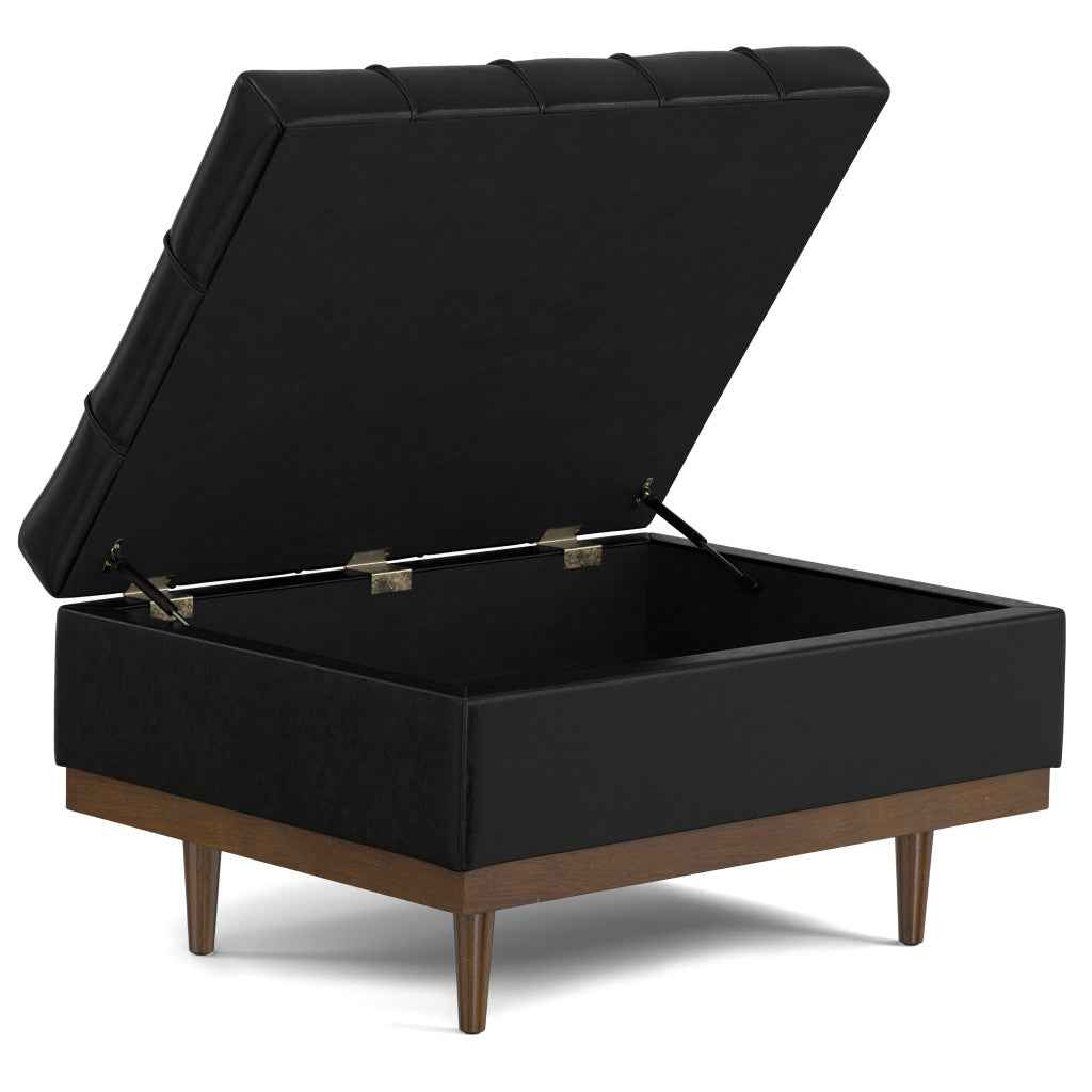 34" Walnut and Black Upholstery Storage Ottoman