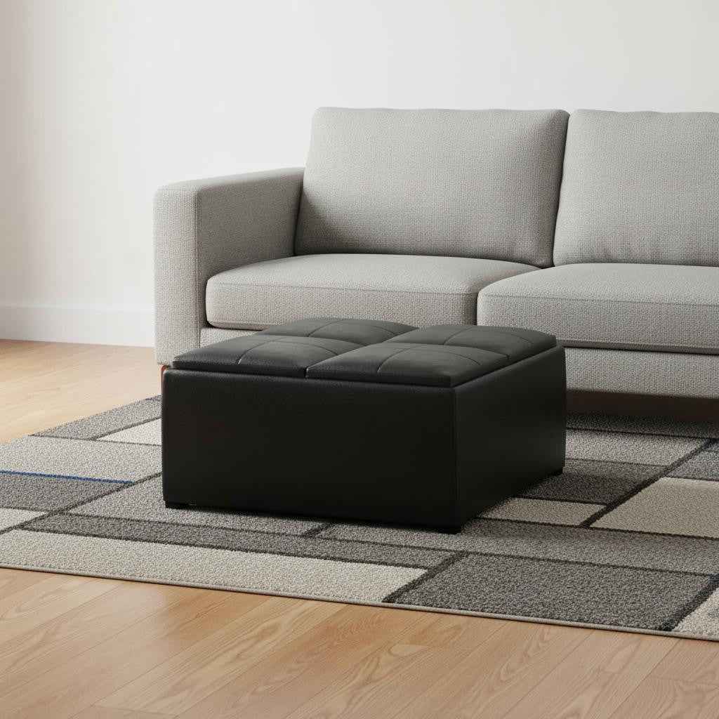 35" Black Leather Cocktail Ottoman With Storage