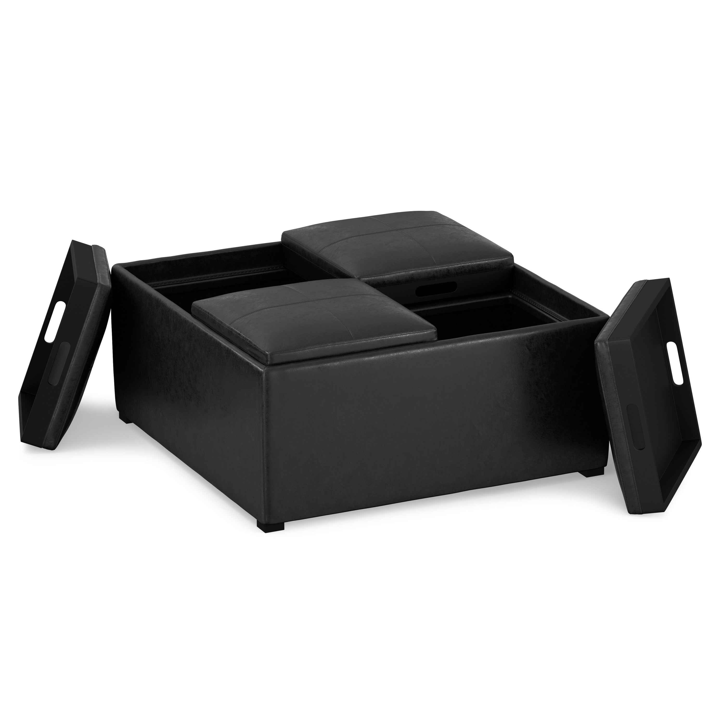 35" Black Leather Cocktail Ottoman With Storage