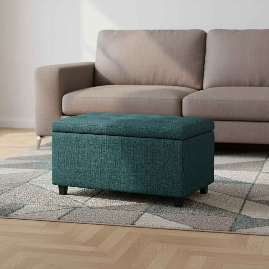 34" Dark Brown and Teal Blue Upholstery Storage Ottoman