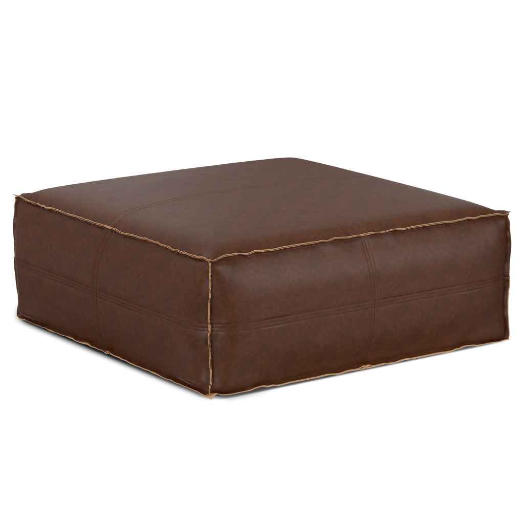36" Brown Faux Leather Pouf Ottoman