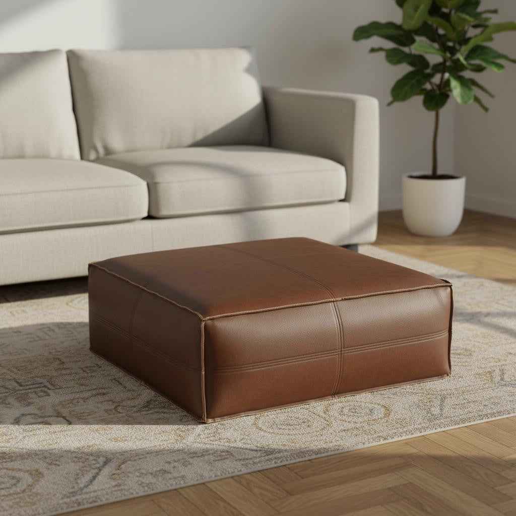 36" Brown Faux Leather Pouf Ottoman