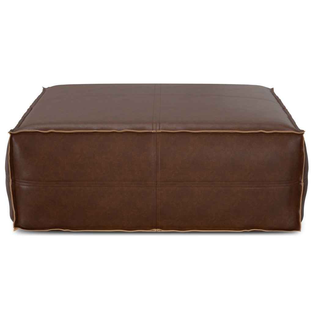 36" Brown Faux Leather Pouf Ottoman