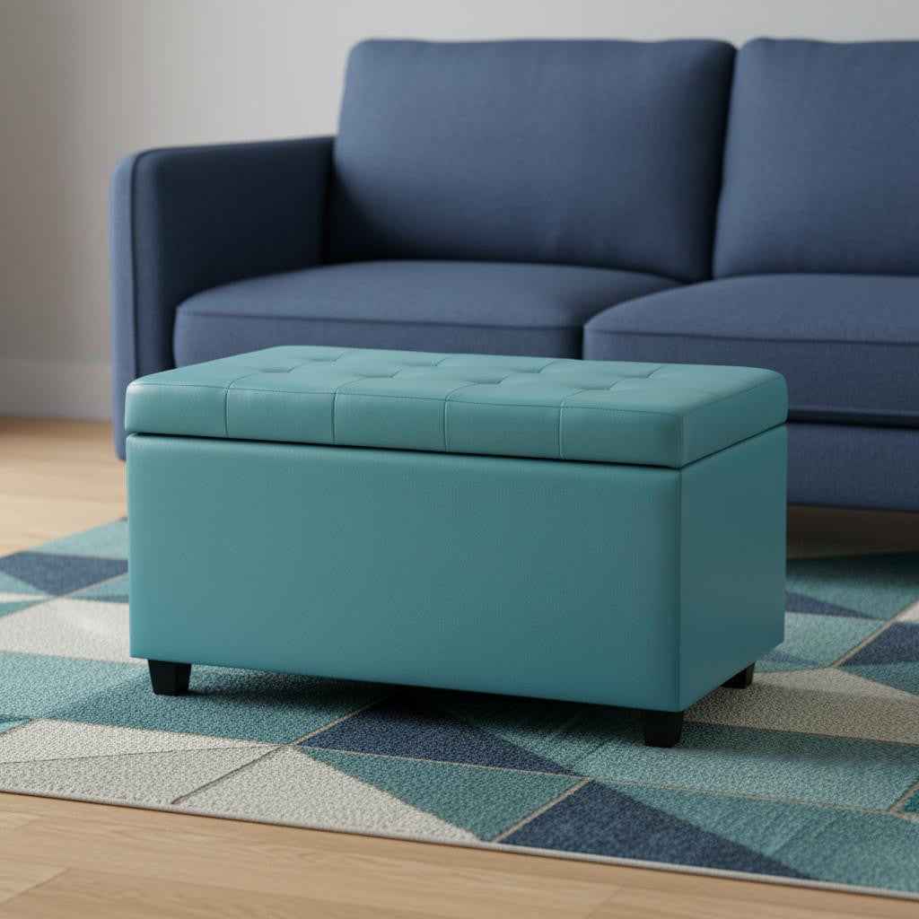 34" Dark Brown and Blue Upholstery Storage Ottoman