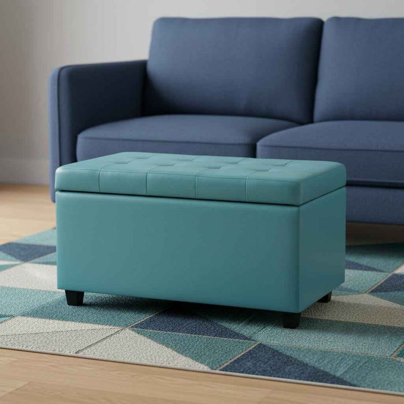 34" Dark Brown and Blue Upholstery Storage Ottoman