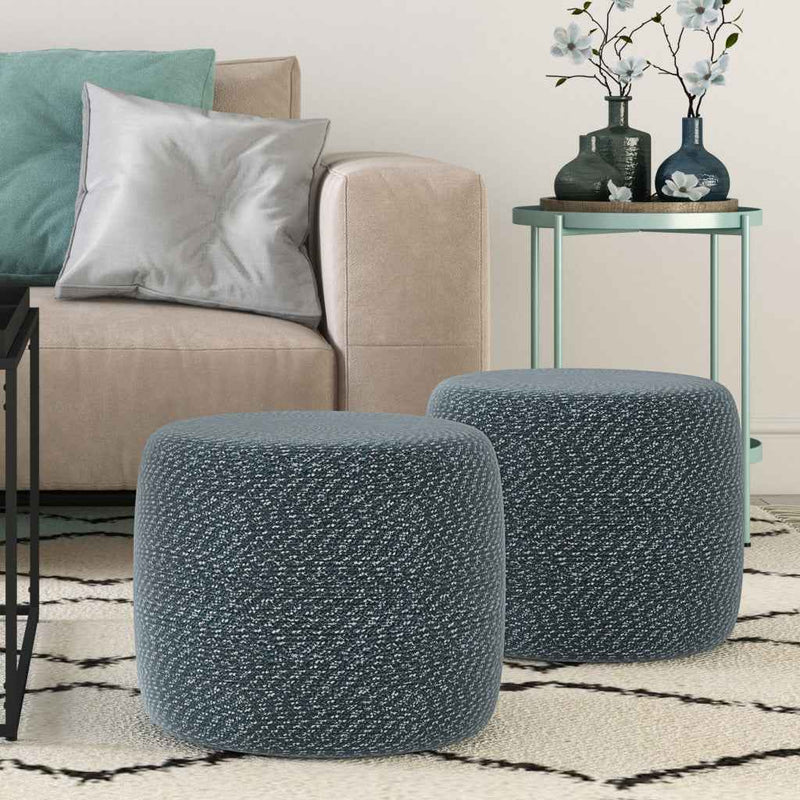 20" Blue Cotton Round Pouf Ottoman