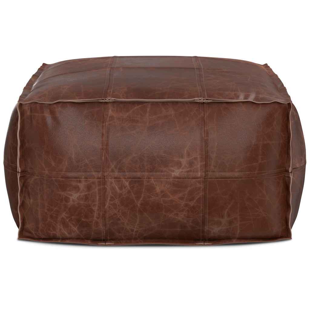 26" Brown Leather Pouf Ottoman