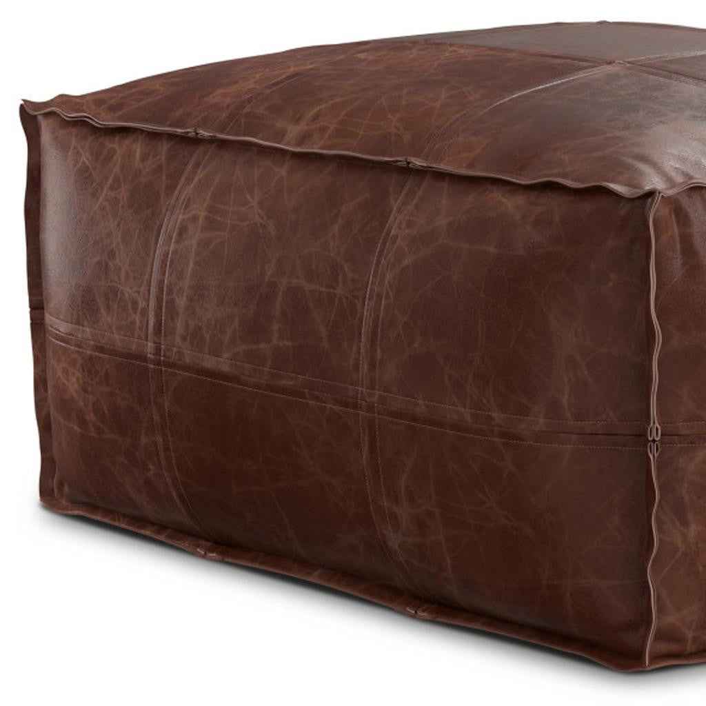 26" Brown Leather Pouf Ottoman