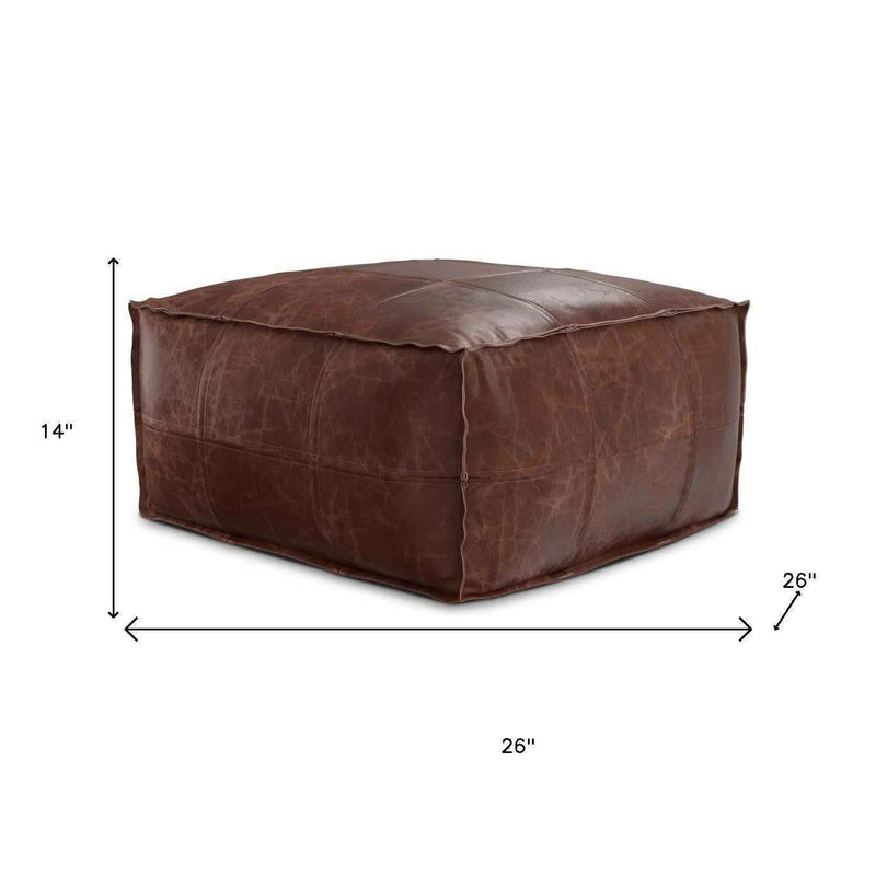 26" Brown Leather Pouf Ottoman
