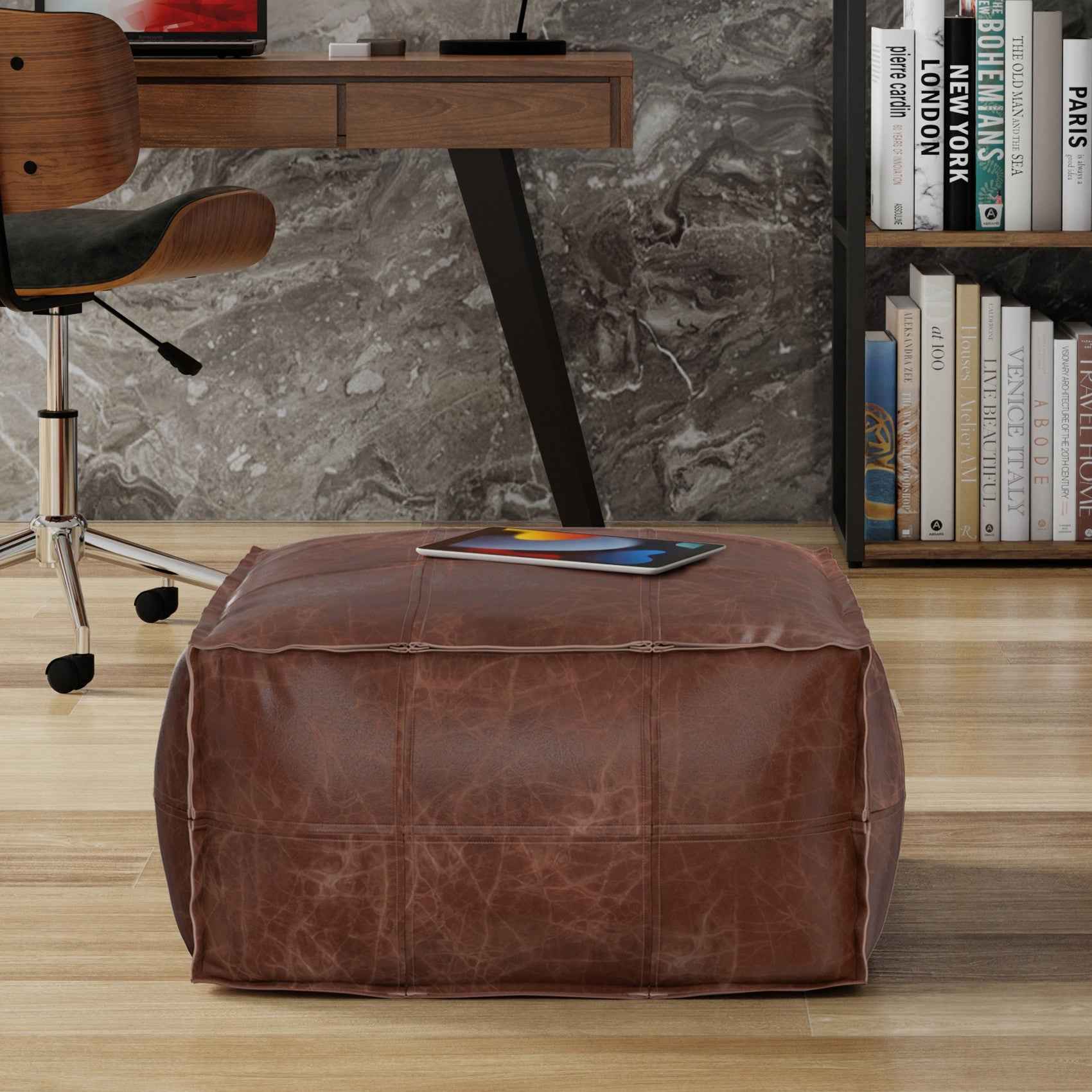 26" Brown Leather Pouf Ottoman