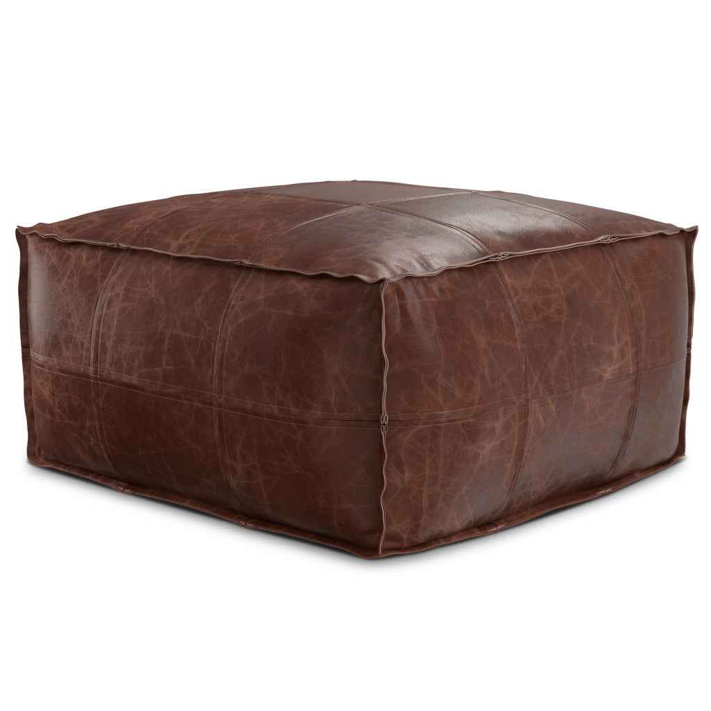 26" Brown Leather Pouf Ottoman