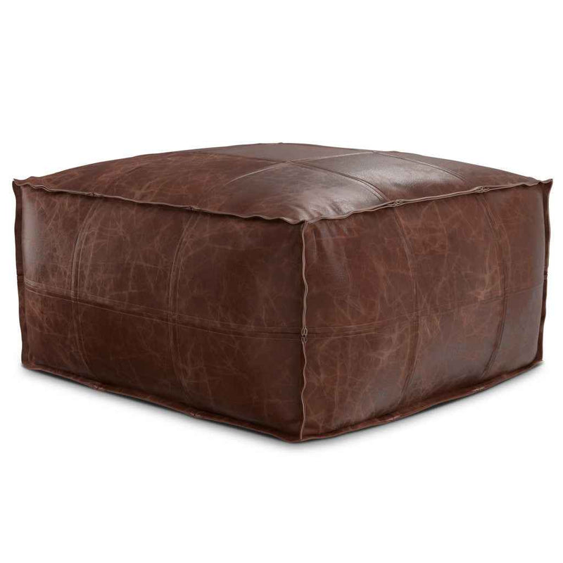 26" Brown Leather Pouf Ottoman