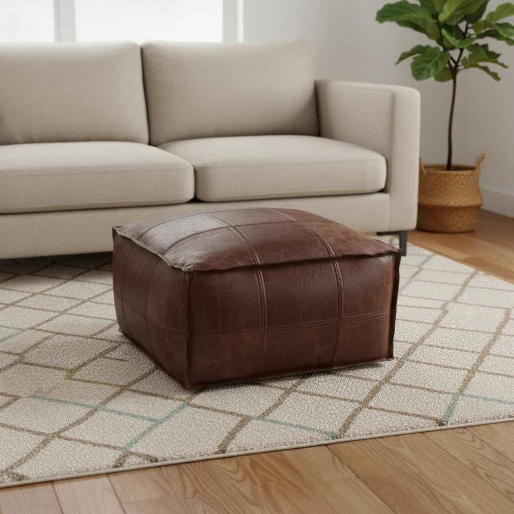 26" Brown Leather Pouf Ottoman