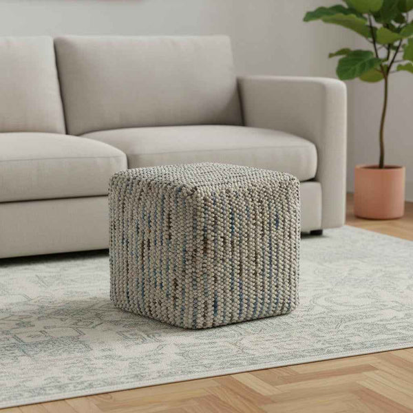 18" Blue Wool Cube Pouf Ottoman