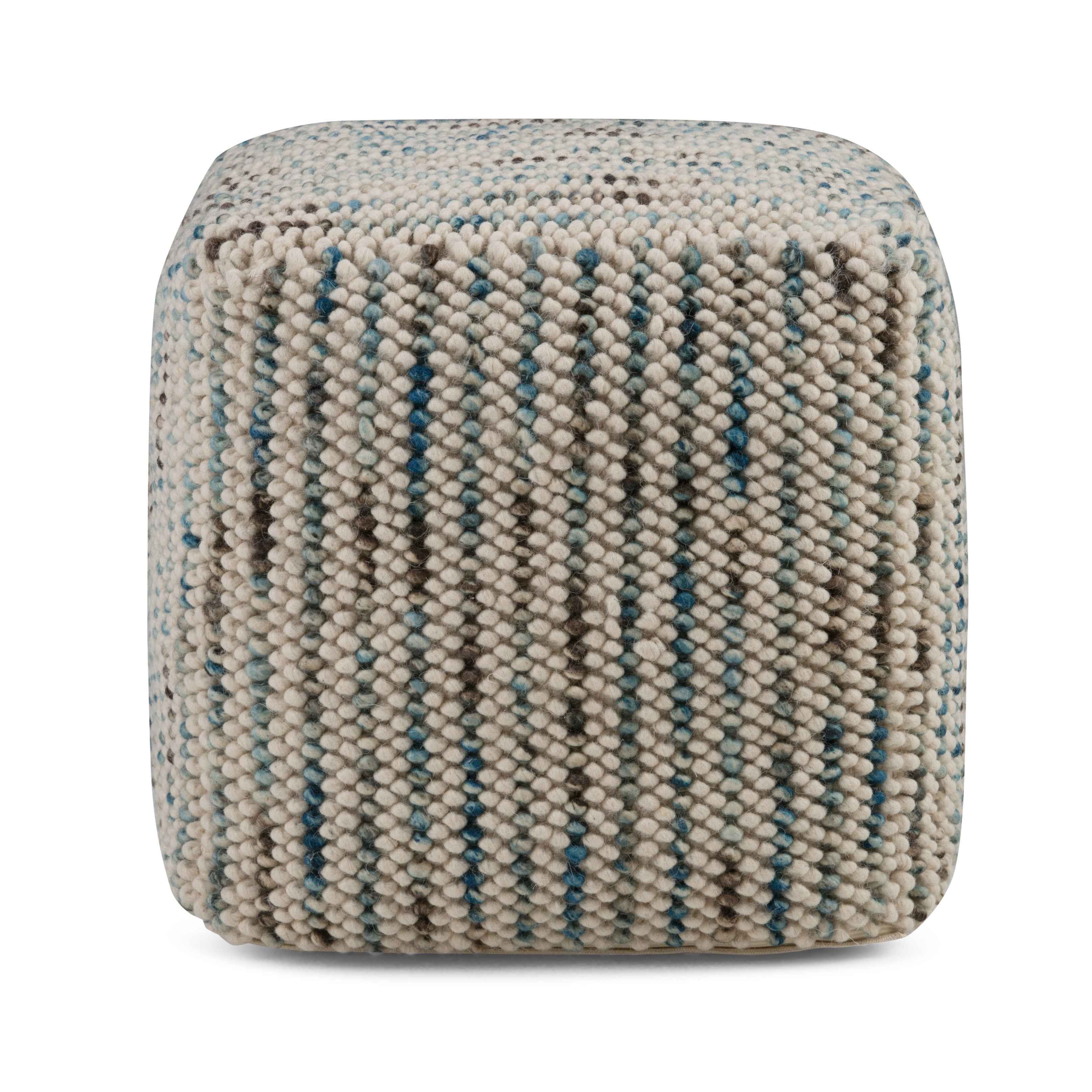 18" Blue Wool Cube Pouf Ottoman