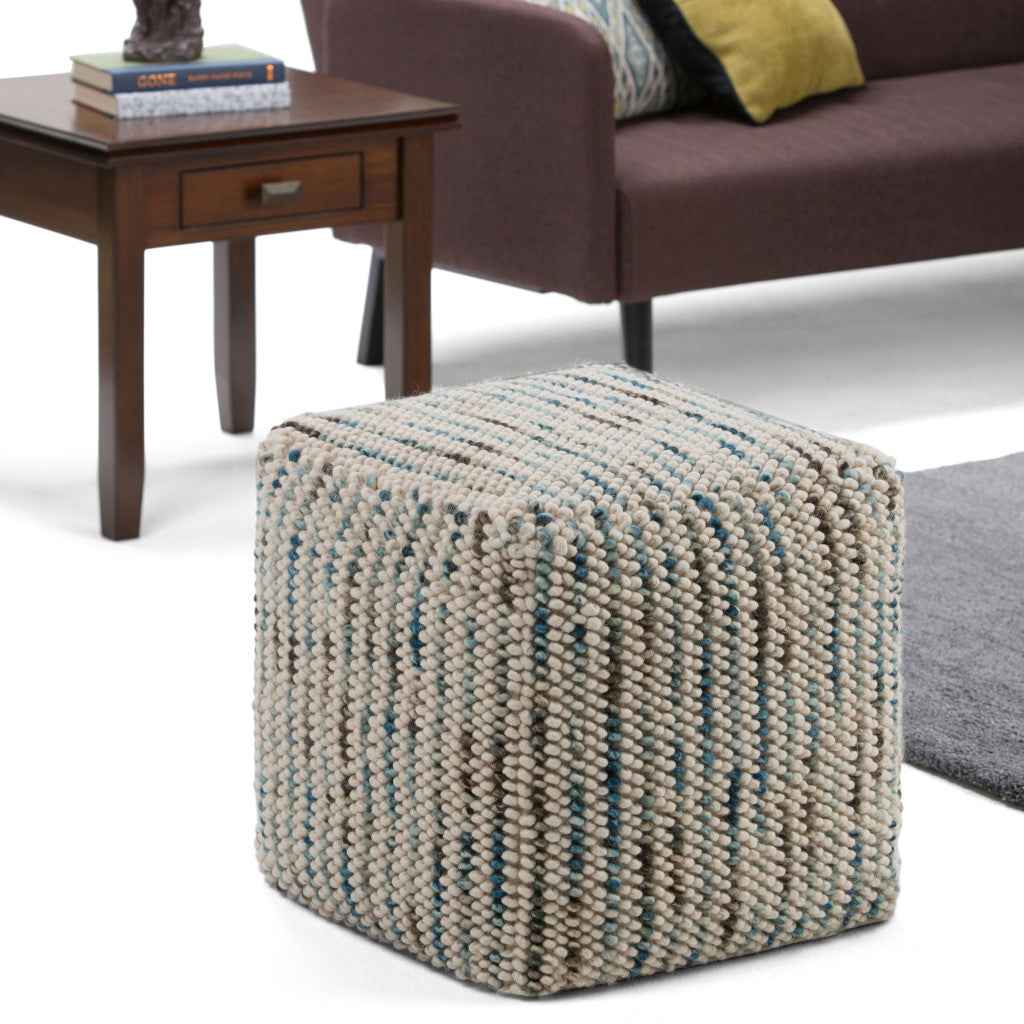 18" Blue Wool Cube Pouf Ottoman