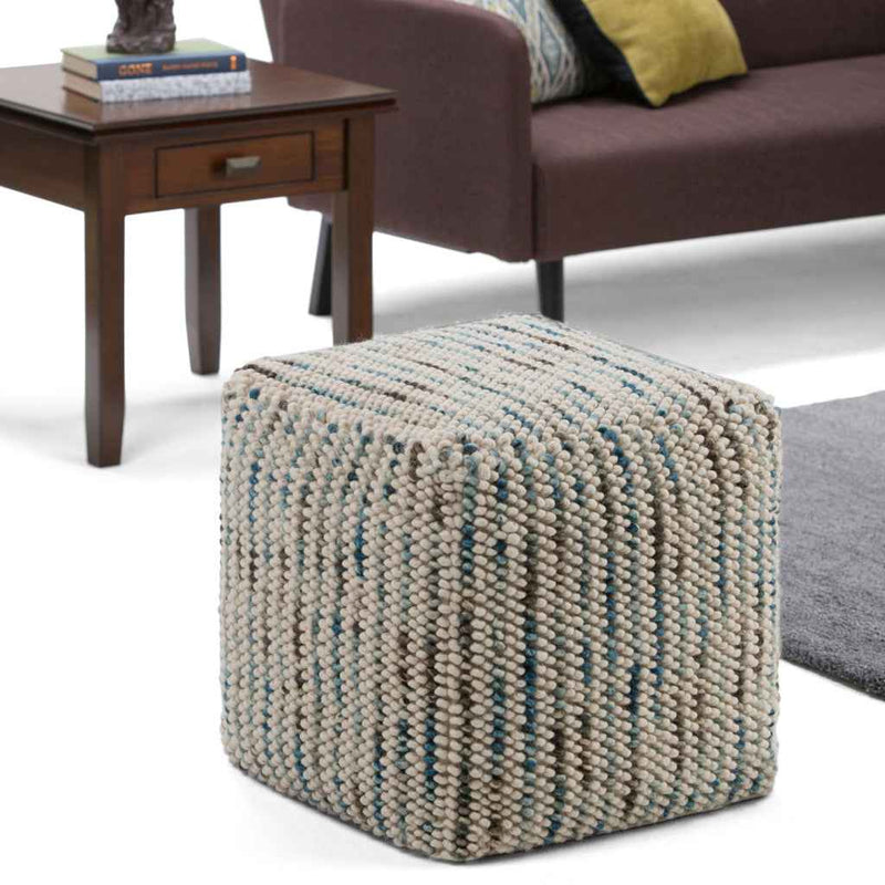 18" Blue Wool Cube Pouf Ottoman