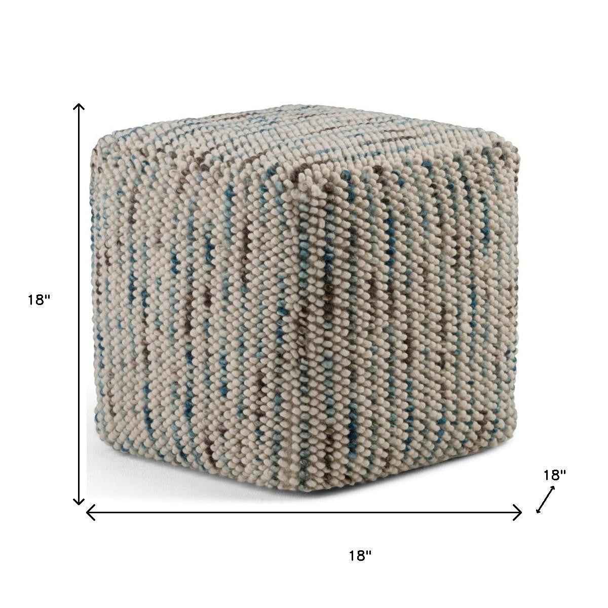 18" Blue Wool Cube Pouf Ottoman