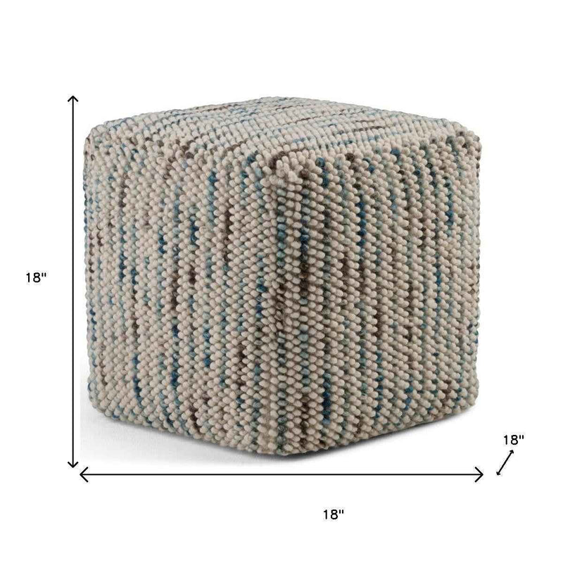 18" Blue Wool Cube Pouf Ottoman