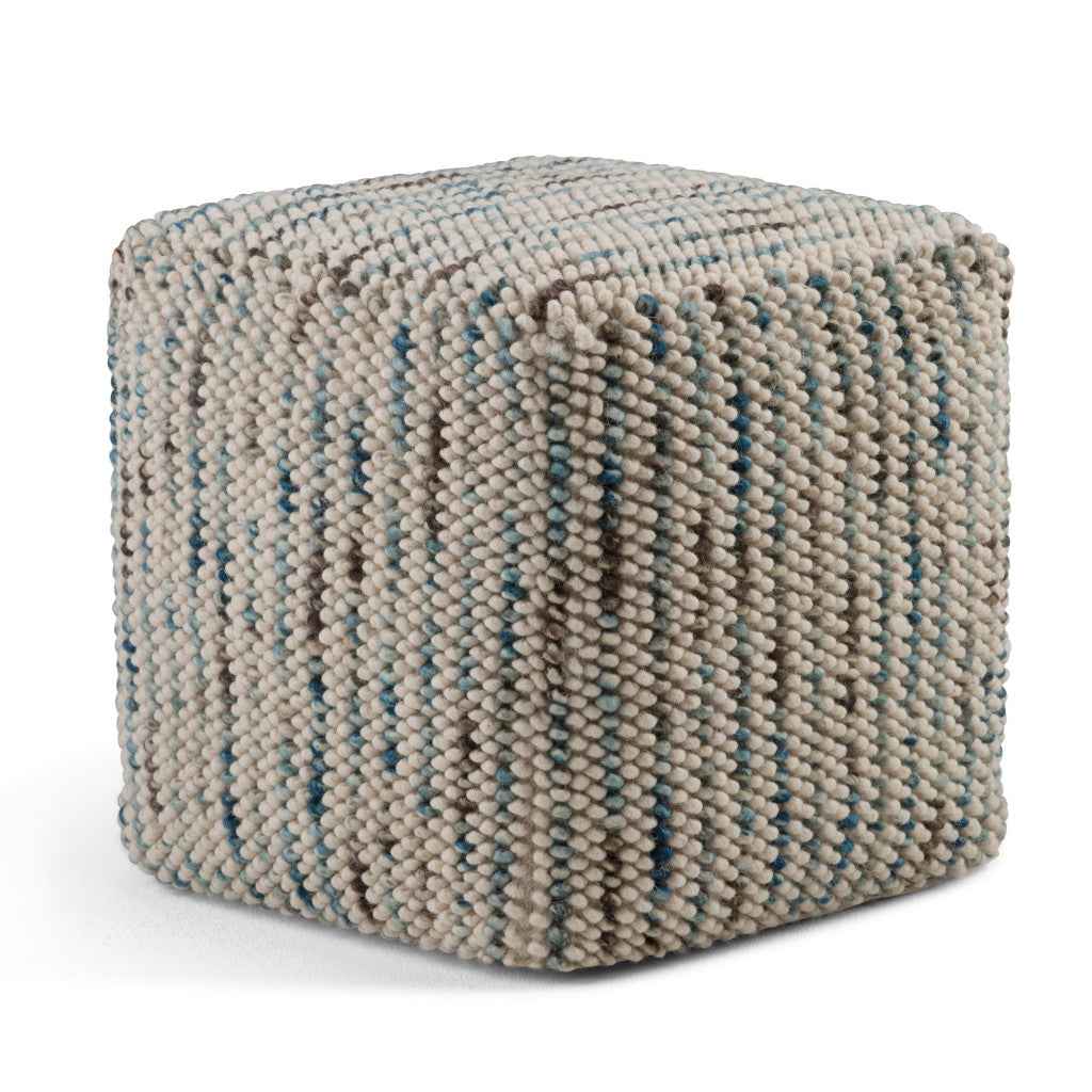 18" Blue Wool Cube Pouf Ottoman