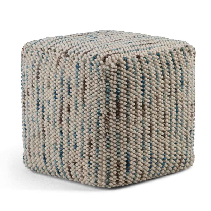 18" Blue Wool Cube Pouf Ottoman