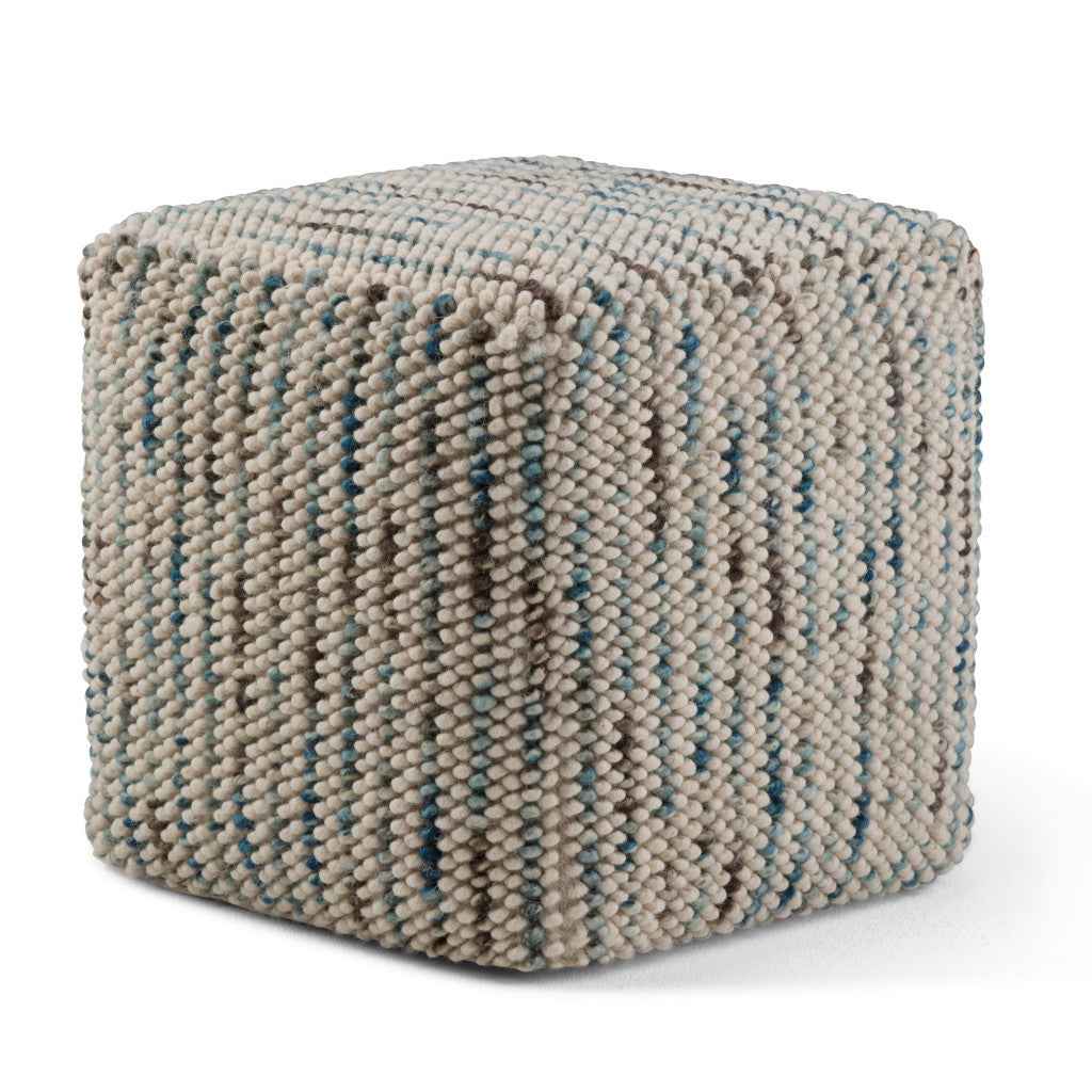 18" Blue Wool Cube Pouf Ottoman