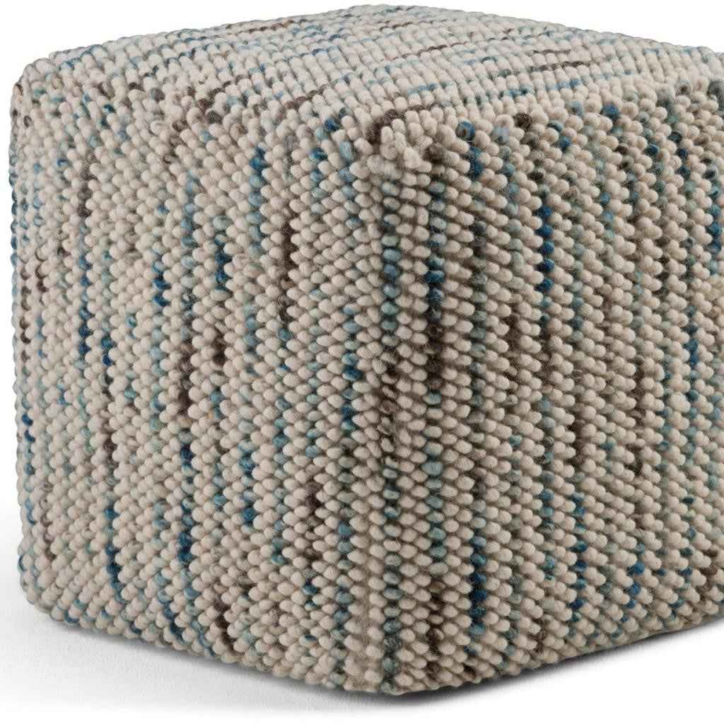 18" Blue Wool Cube Pouf Ottoman