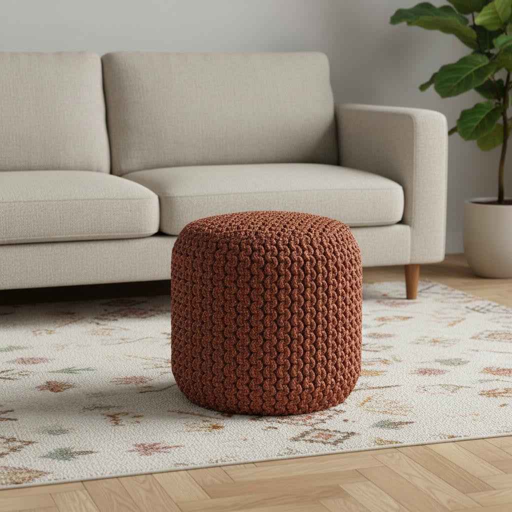 18" Orange Fabric Round Pouf Ottoman