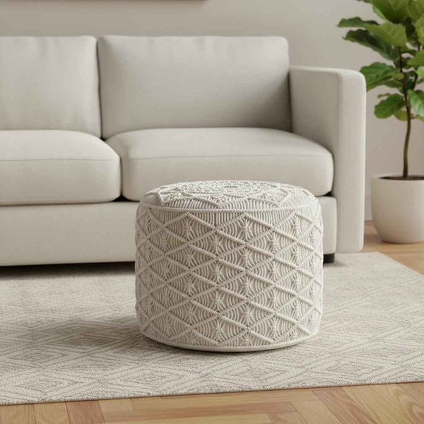 18" Off White Cotton Round Pouf Ottoman