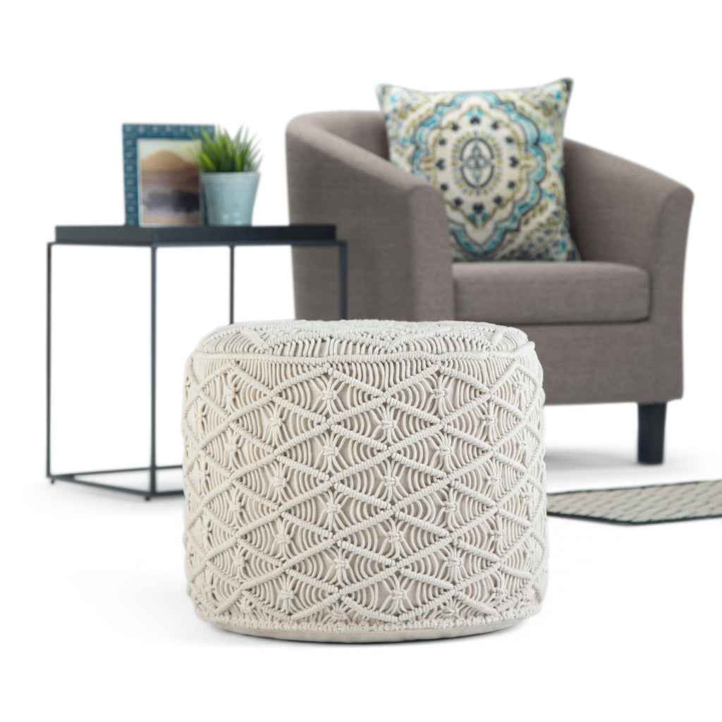 18" Off White Cotton Round Pouf Ottoman