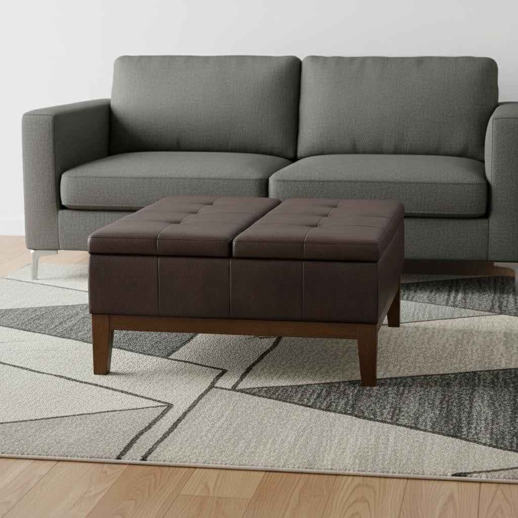 36" Walnut and Brown Upholstery Storage Ottoman