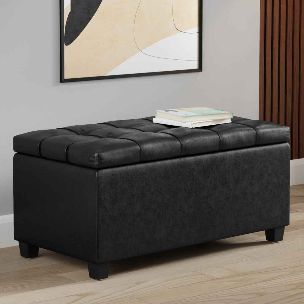33" Espresso and Black Upholstery Storage Ottoman