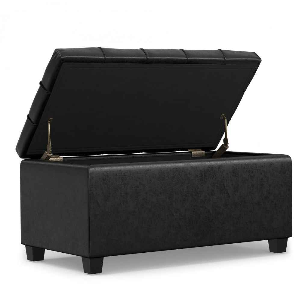 33" Espresso and Black Upholstery Storage Ottoman