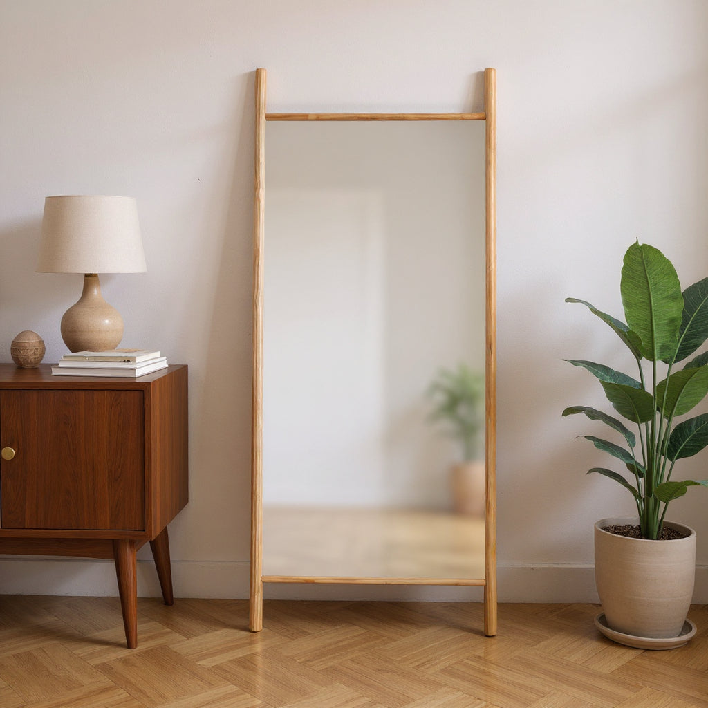 71" Natural Solid Wood Novelty Leaning Framed Full Length Mirror - Bed & Bath