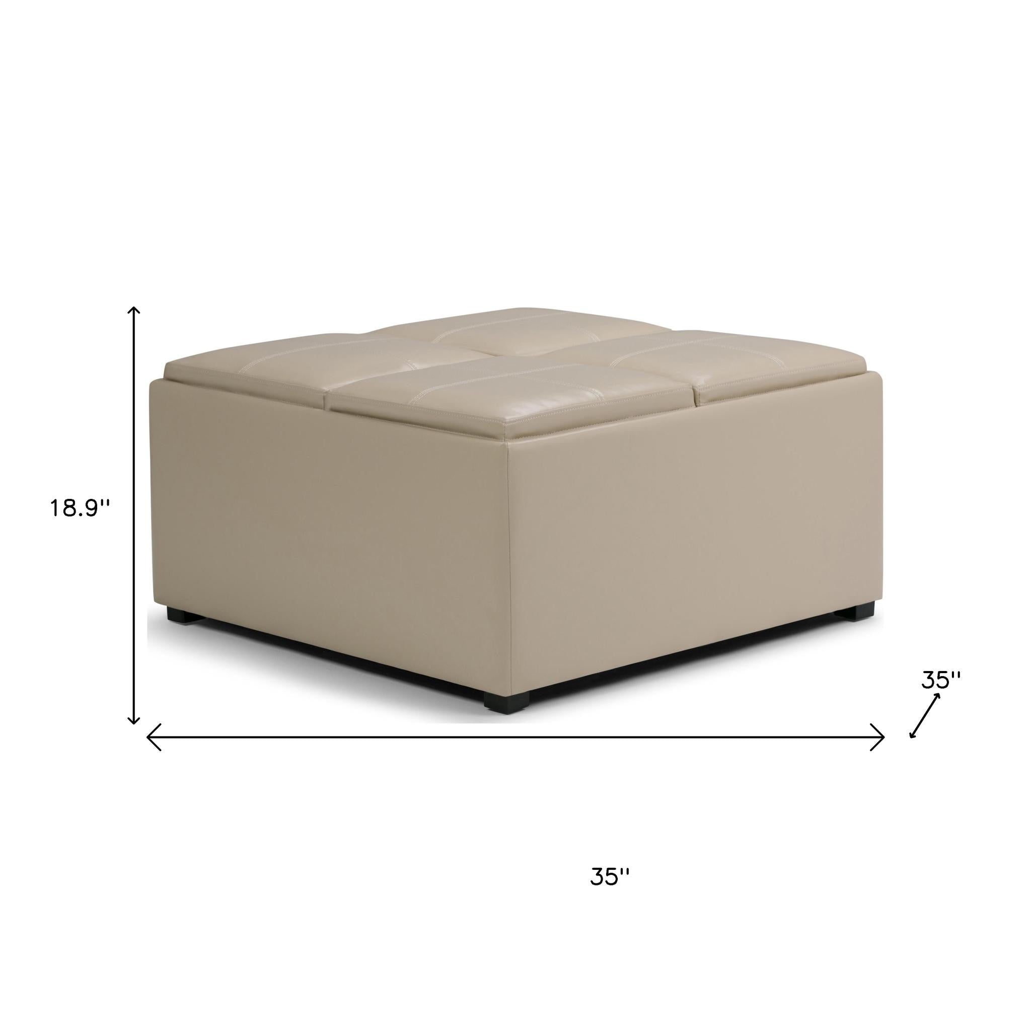 35" Cream and Dark Brown Leather Cocktail Ottoman With Storage - GreatEagleInc