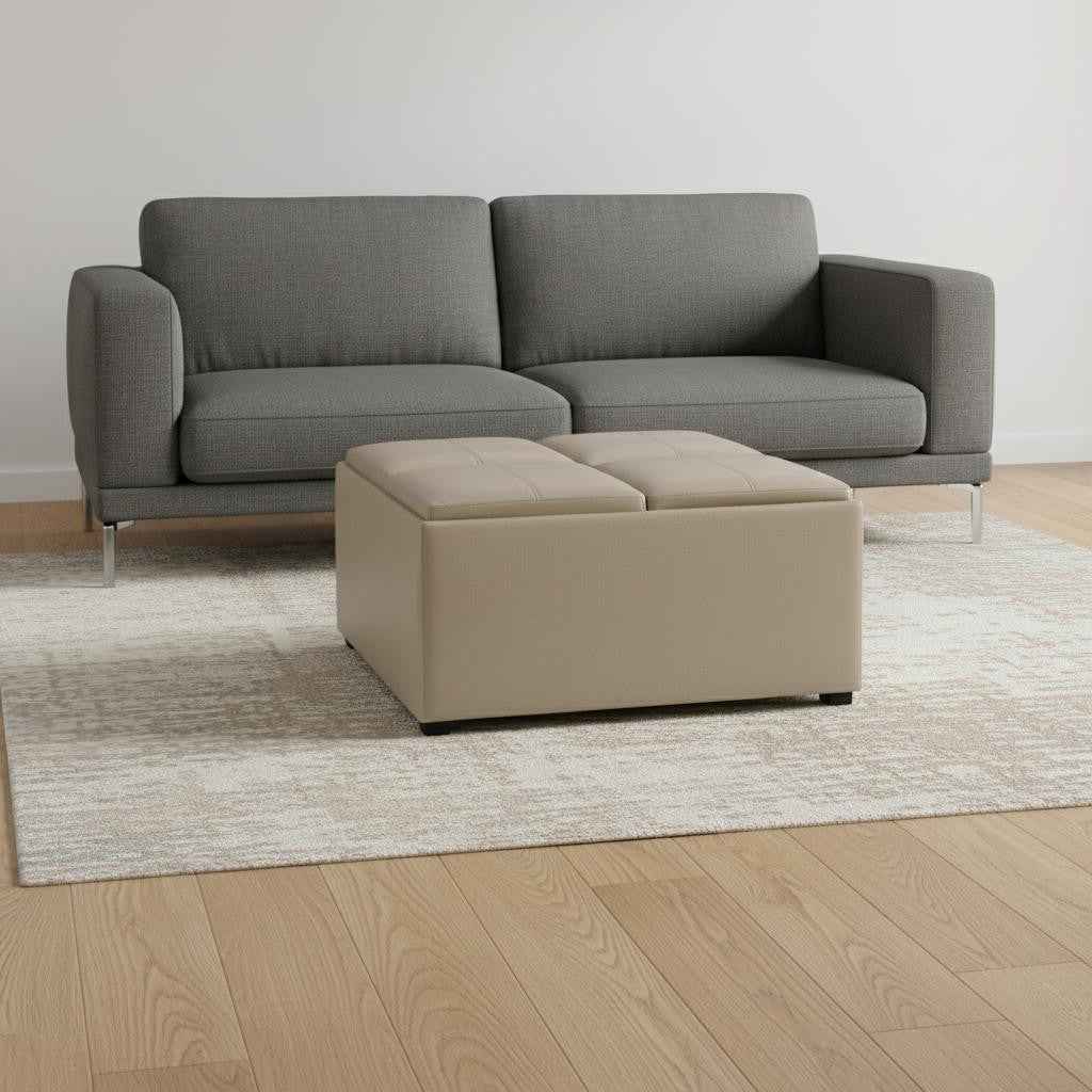 35" Cream and Dark Brown Leather Cocktail Ottoman With Storage