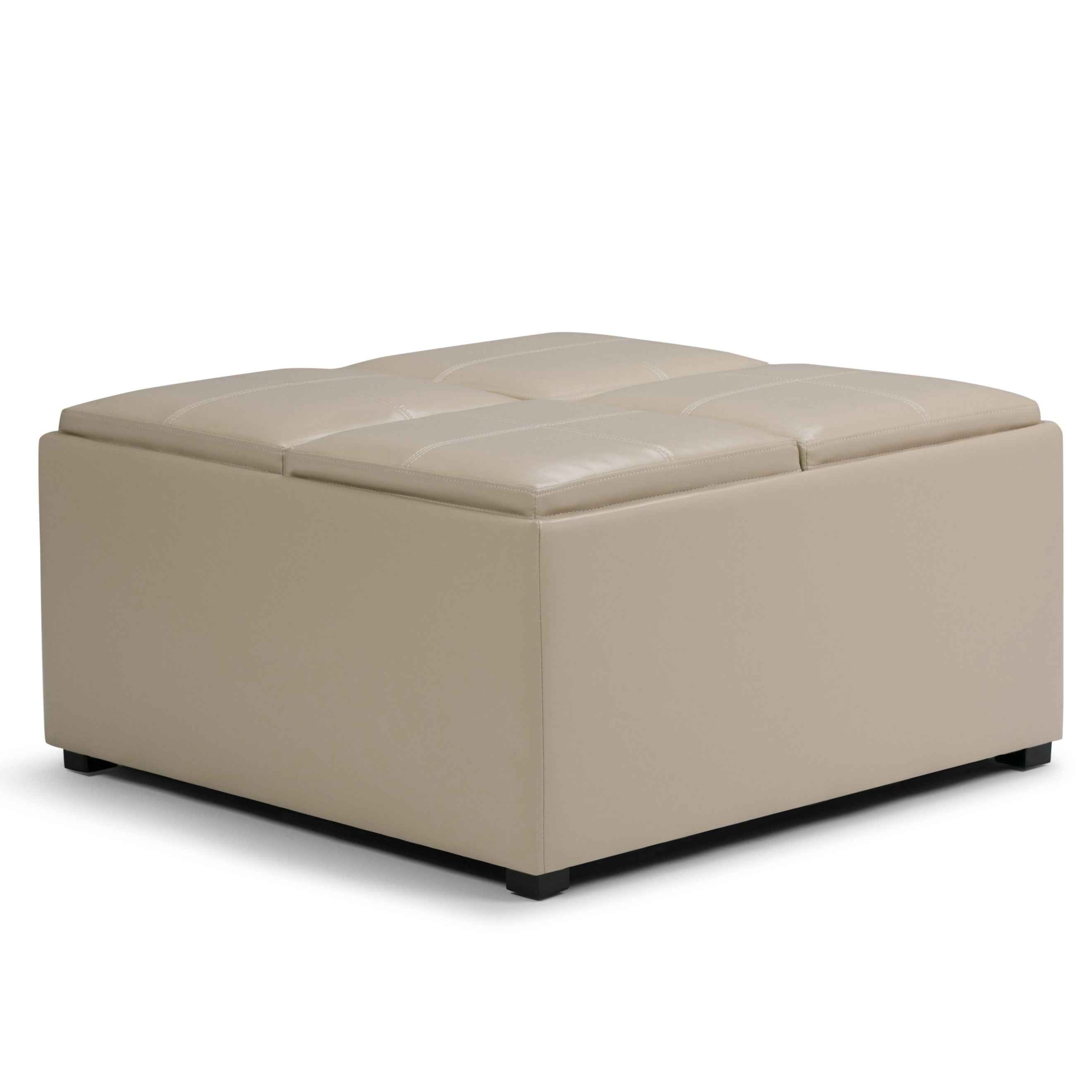 35" Cream and Dark Brown Leather Cocktail Ottoman With Storage