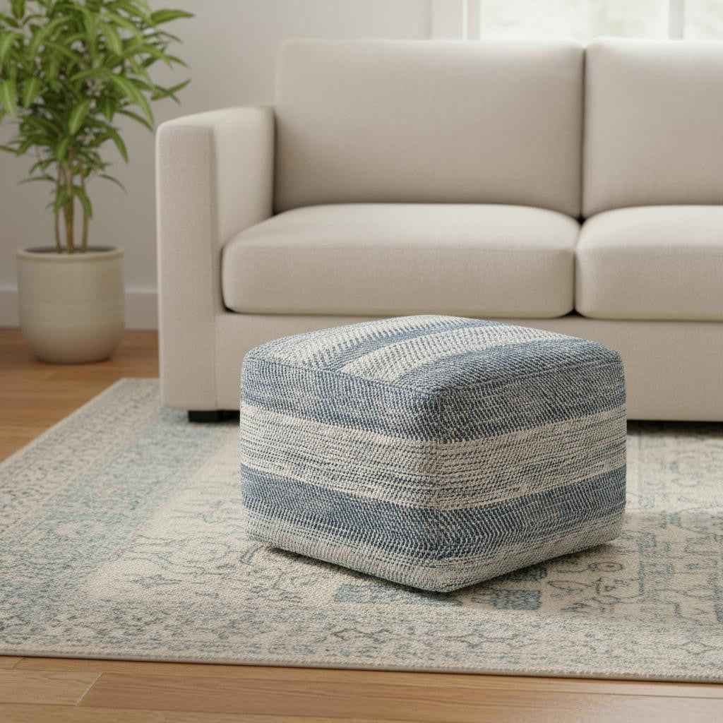 18" Blue Cotton Pouf Ottoman