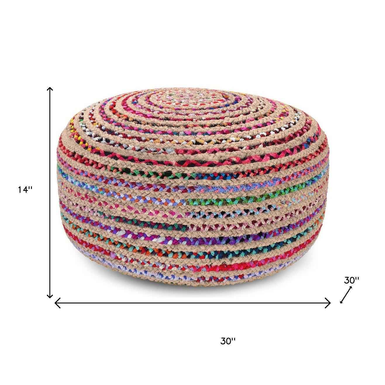 30" Blue Jute Round Pouf Ottoman